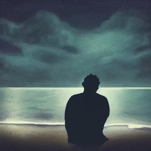 Prompt: a man sits on the beach by a lake on a dark night, throwing pieces of his life into a fire. a great massive shapeless creature of darkness is drawn across the water to the light. modern supernatural thriller aesthetic.