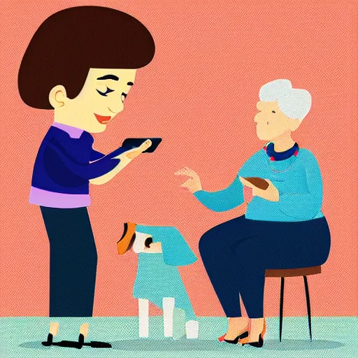 Prompt: a flat design illustration of a grandma with a dog. the grandma using a smart phone.