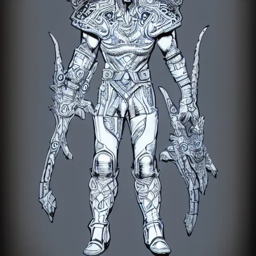 Prompt: white-on-blue blueprint with anotations of ornate armor legs covered in runic tattoos, Travis Charest style