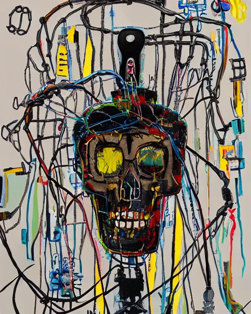 Image similar to oil neo expressionism painting of cyberpunk skull skeleton tethered to a bunch of wires and cords and chains wearing a vr oculus headset by basquiat