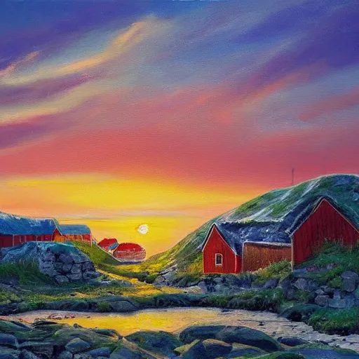 Prompt: overgrown norwegian village at the coast, sunset, arctic, beautiful, oil painting