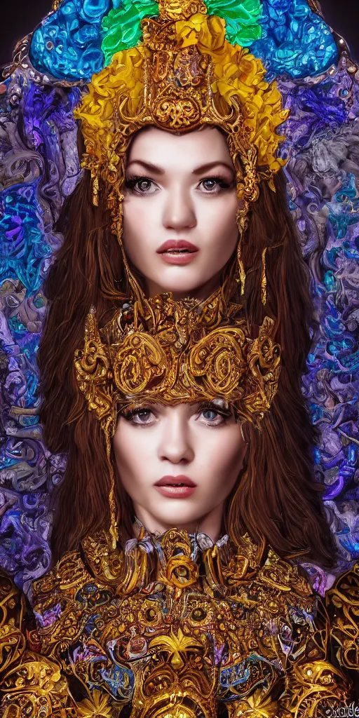 Image similar to portrait of karen 0, realistic, 4 k, fine details, wearing an ornate costume, concept art, high art, colorful