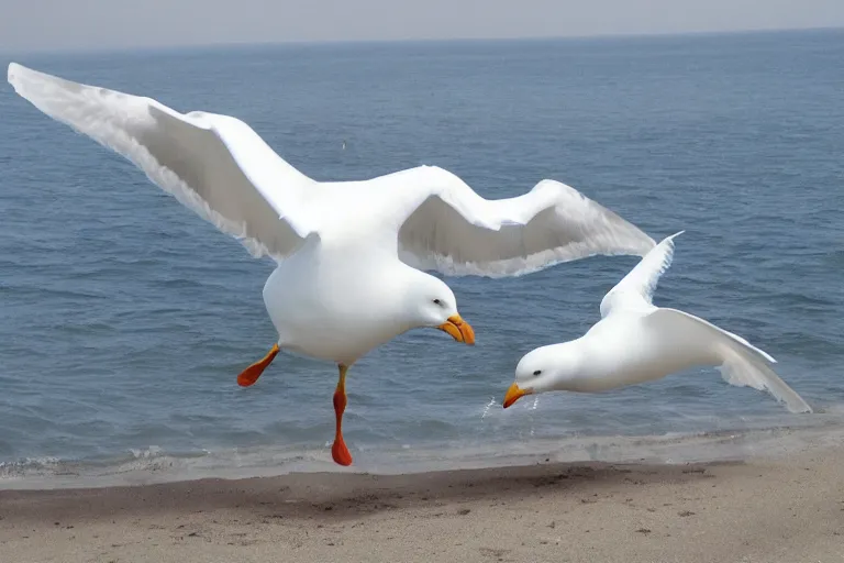 Image similar to giant seagull, human arms instead of wings, extremely realistic, extremely detailed