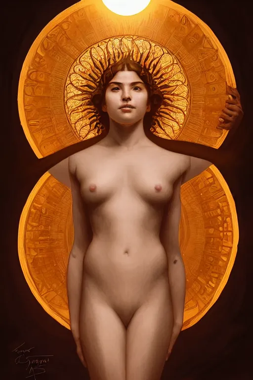 Image similar to symmetry!!!! intensely intricate tintype fan art of full frontal pose of a young sun goddess, protagonist, overtaking a young moon god, antagonist, intricate, elegant, highly detailed, my rendition, digital painting, artstation, concept art, smooth, sharp focus, illustration, art by artgerm and greg rutkowski and alphonse mucha