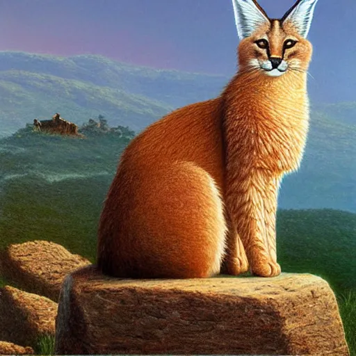 Image similar to a cute fluffy caracal on a high hill landscape with a circle of four large stones like fingers on the top, by ted nasmith