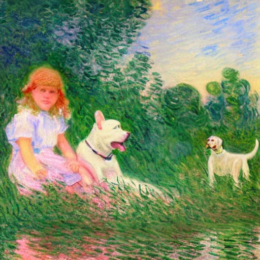 Prompt: girl with curly blonde hair sits next to her white pitbull, sitting on a riverbank watching the sunset, painting by monet