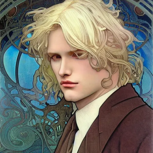 Prompt: realistic detailed face portrait of johan liebert from MONSTER with beautiful long fluffy curly blond hair, blond hair very pale white skin, by Alphonse Mucha, Ayami Kojima, Amano, Charlie Bowater, Karol Bak, Greg Hildebrandt, Jean Delville, and Mark Brooks, Art Nouveau, Neo-Gothic, gothic, rich deep moody colors