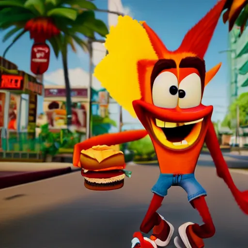 Prompt: Crash Bandicoot eating a cheeseburger in the middle of a street, cinematic lighting