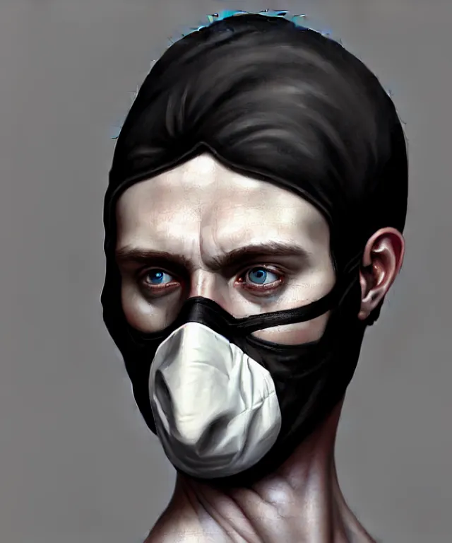 Image similar to white man with black fabric medical mask, short dark hair, highly detailed face!!!, true anatomy!, extremely detailed!, digital painting, unreal engine 5, art by tom bagshaw