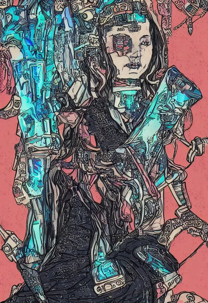 Prompt: the queen of cups as a cyberpunk tarot card