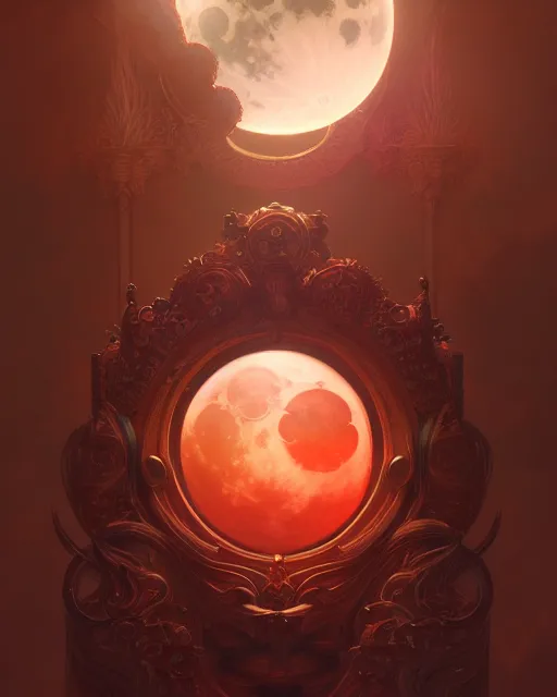 Image similar to painting of the blood moon, decorated, intricate, elegant, highly detailed, digital painting, artstation, concept art, smooth, sharp focus, illustration, art by artgerm and greg rutkowski and alphonse mucha, 8 k