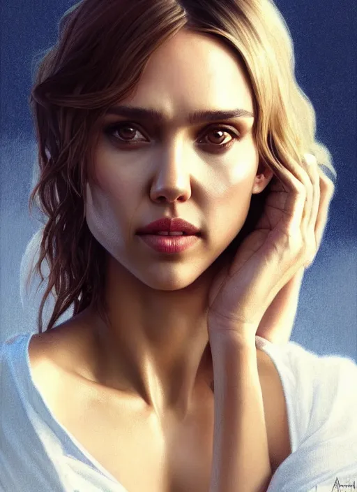 Image similar to half Jessica Alba half Nathalie Portman half scarlett johansonna pure seductive angel, full body portrait, slight smile, diffuse natural sun lights, autumn lights, highly detailed, digital painting, artstation, concept art, sharp focus, illustration, art by wlop and greg rutkowski and alphonse mucha and artgerm
