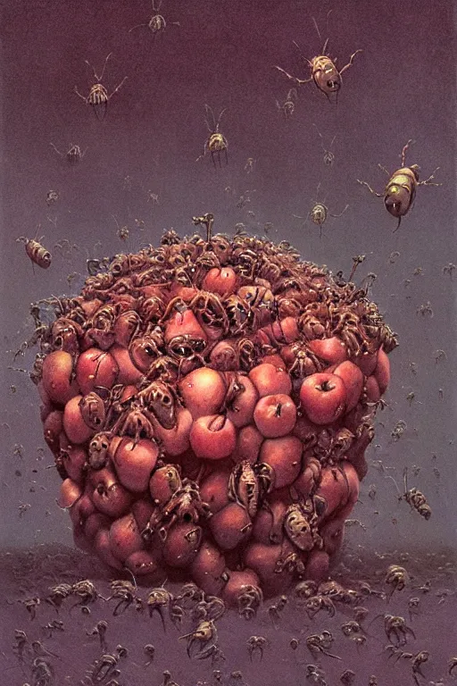 Prompt: horde of bugs eating the inside of an apple, close up of an apple, by zdzislaw beksinski, by dariusz zawadzki, by wayne barlowe, gothic, surrealism, cosmic horror, lovecraftian, cold hue's, warm tone gradient background, concept art, beautiful composition