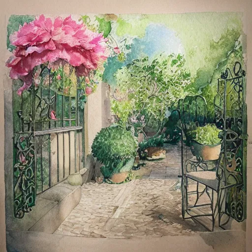 Prompt: delicate, garden, paved, botanic watercolors, iridescent, 8 k, realistic shaded, fine details, artstation, italian, chairs, iron gate, pine maritime, mediterranean