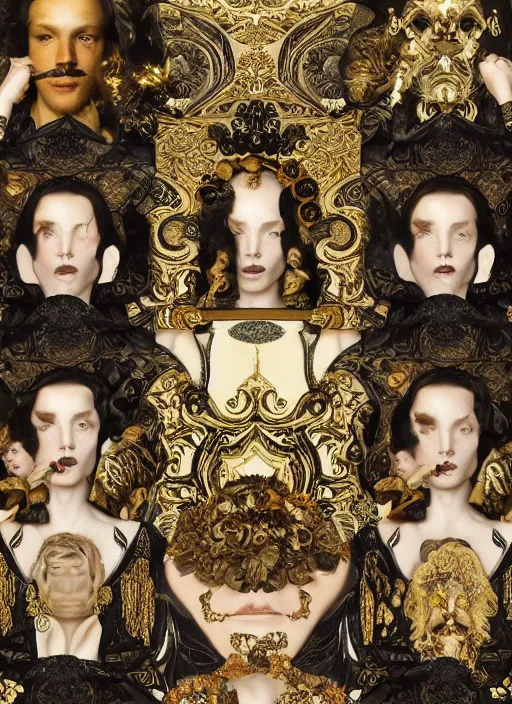 Image similar to highly detailed oil painting | very intricate | cinematic lighting | black, white and gold color scheme, dark background | decorative seamless pattern by alexander mcqueen | by roberto ferri, by gustav moreau, by singer sargent and klimt, american romanticism, occult art | by austin osman spare, artstation, cgsociety, official art, octane