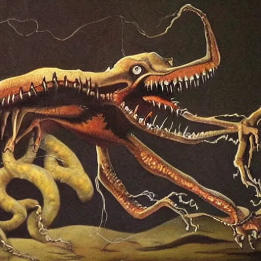 Image similar to The painting is in an animated style, with highly realistic detail. It depicts a scene from a Lovecraftian story, in which an evil creature is attacking a human. The creature is big and menacing, with sharp teeth and claws.