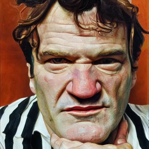 Image similar to high quality high detail painting by lucian freud, hd, portrait of tarantino