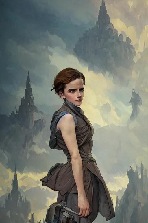 Image similar to high fantasy science-fiction character portrait of Emma Watson in the clothes of a Soviet pioneer, highly detailed, digital painting, artstation, upper body, concept art, smooth, sharp focus, illustration, art by artgerm and greg rutkowski and alphonse mucha