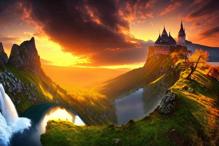 Image similar to Gediminas Pranckevicius amazing landscape photo of mountains with lake and castle on top of a waterfall at infinite view at sunset by marc adamus beautiful dramatic lighting very detailed 8k wallpaper,