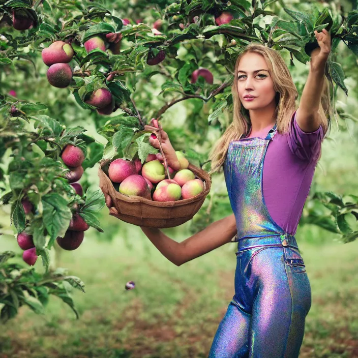 Prompt: a closeup portrait of a woman wearing a muddy iridescent holographic lederhosen, picking apples from a tree in an orchard, foggy, moody, photograph, by vincent desiderio, canon eos c 3 0 0, ƒ 1. 8, 3 5 mm, 8 k, medium - format print