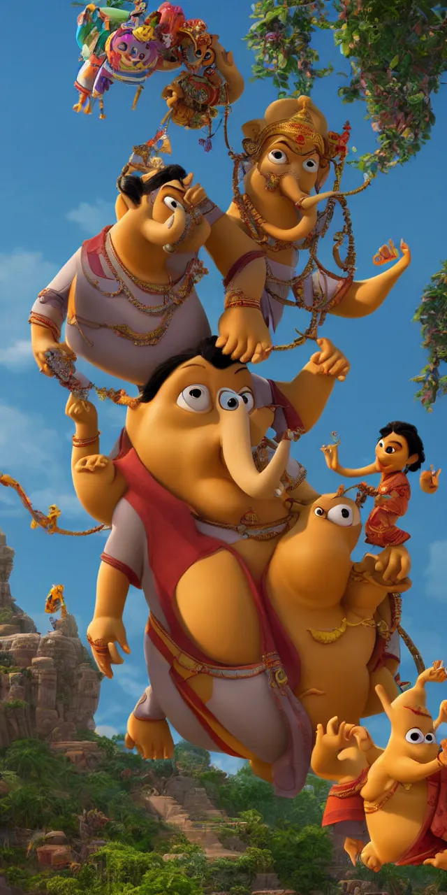 Image similar to ganesh and siddhartha as a pixar disney characters from up 2 0 0 9 unreal engine octane render 3 d render photorealistic