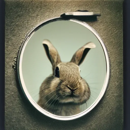 Image similar to a rabbit looking into a mirror, polaroid photograph