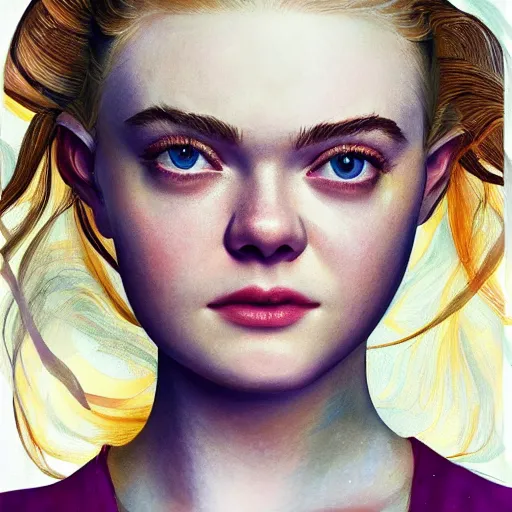 Image similar to professional painting of Elle Fanning in the style of a Purity Ring album, head and shoulders portrait, symmetrical facial features, smooth, sharp focus, illustration, intricate, stormy weather, extremely detailed masterpiece,