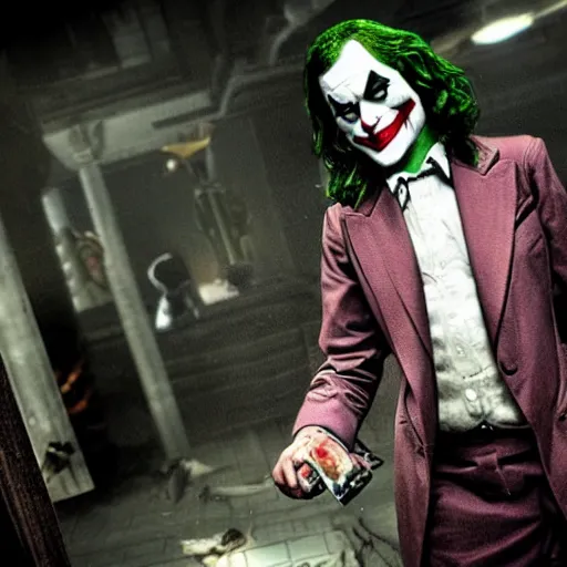 Prompt: Joaquin Phoenix’ Joker in Batman:Arkham Asylum