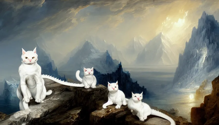 Prompt: highly detailed painting of white cute baby scaled ridge backed dragon cats on a blue and white iceberg by william turner, by greg rutkowski, by william constable, thick brush strokes and visible paint layers, 4 k resolution