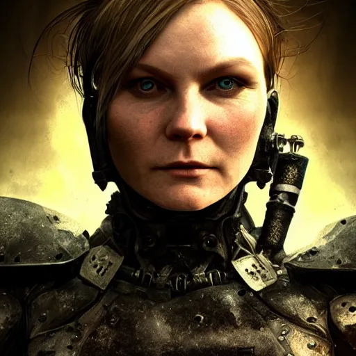 Image similar to kirsten dunst portrait, dystopia core, apocalyptic, armor, warrior, dramatic, sharp focus, fiction, neon, fantasy, hyper detailed, digital art, trending in artstation, cinematic lighting, studio quality, smooth render, unreal engine 5 rendered, octane rendered, art style and nixeu and wlop and krenz cushart