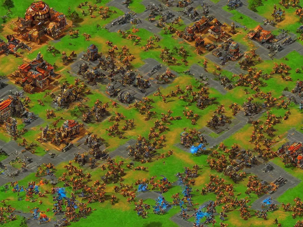 Prompt: 1998 isometric rts strategy game in the style of Starcraft, Age of Empires, KKND Krossfire, Red Alert