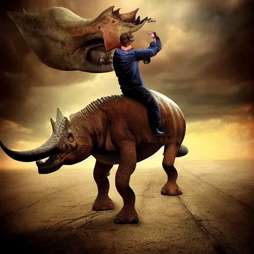 Image similar to Vladimir Putin riding a triceratops, digital art, trending on artstation, 8k, hyper realistic