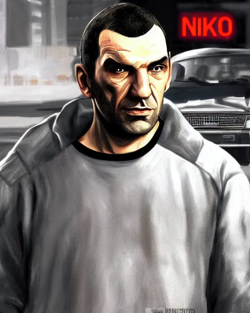 Image similar to a medium shot of niko bellic in gta 4, gta 4 loading screen artwork, highly detailed, trending on artstationhq