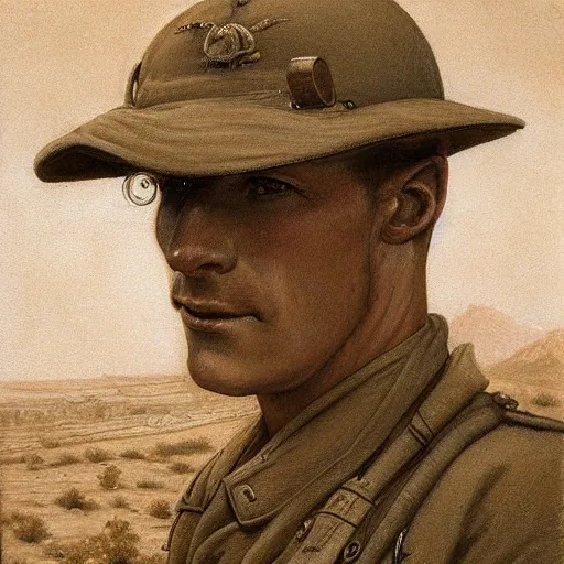 Image similar to a detailed photorealistic sepia - toned color portrait painting of a 1 9 1 7 worried clean - shaven british lieutenant in detailed field gear wearing a finely - detailed pith helmet in wadi rum, ultra realistic, intricate details, lovecraft, atmospheric, dark, horror, brooding, highly detailed, by clyde caldwell