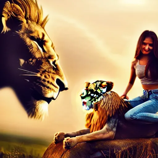 Image similar to girl riding on a lion, 2 0 year old girl, girl sitting on the lion, lion roaring, extremely detailed, high quality, cinematic, dramatic lightning, photo realistic, beautiful face, highly detailed face, 4 k