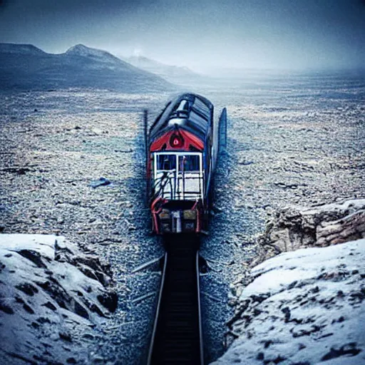 Prompt: “8k photograph of a train at the end of the world. Apocalyptic. National Geographic. Realistic.”