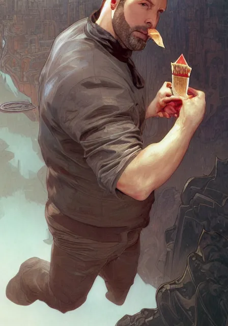 Prompt: ben affleck eating too much hamburger, intricate, elegant, highly detailed, digital painting, artstation, concept art, smooth, sharp focus, illustration, art by artgerm and greg rutkowski and alphonse mucha and william - adolphe bouguereau