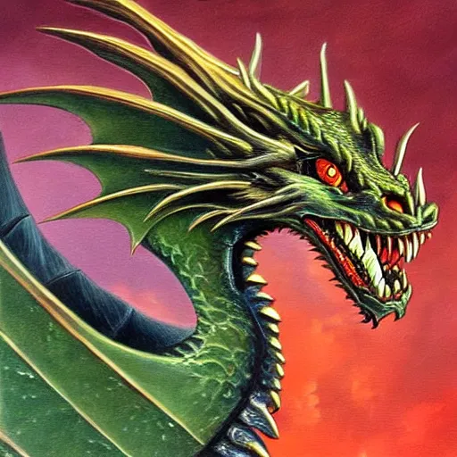 Image similar to dragon head painting, fantasy style, highly detailed, intense