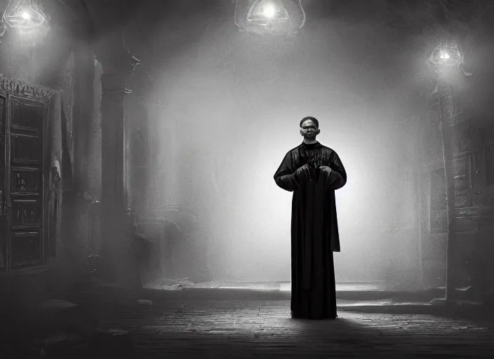 Image similar to a highly realistic and detailed full Priest standing in a dark dirty basement holding a rosary, wide angle 70mm lens, volumetric haze, front facing camera, symmetrical, photorealistic, insanely detailed and intricate, epic, hyper realistic, elegant, ornate, elite, horror, creepy, ominous, haunting, cinematic lighting, unreal engine, cinematic centered camera, high detail, no blur, unreal engine 8k