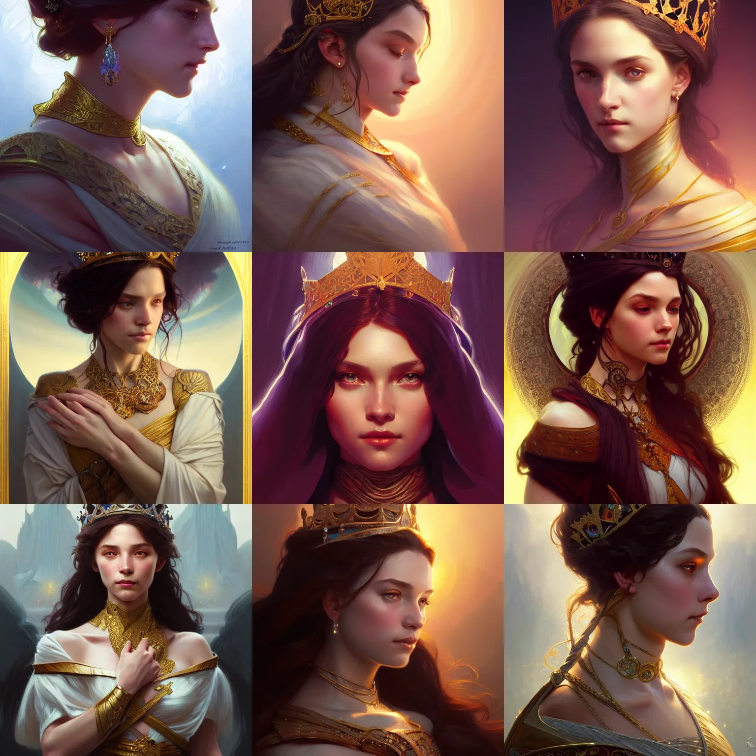 Prompt: portrait of a young beautiful Queen, D&D, fantasy, intricate, cinematic lighting, highly detailed, digital painting, artstation, concept art, smooth, sharp focus, illustration, art by Artgerm and Greg Rutkowski and Alphonse Mucha