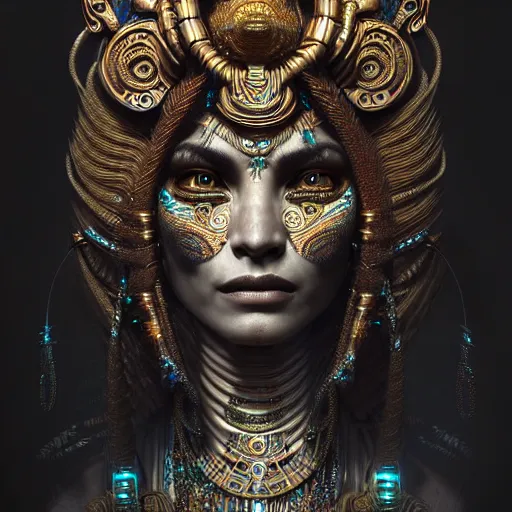 Image similar to mayan goddess , very detailed face, detailed features, fantasy, circuitry, explosion, dramatic, intricate, elegant, highly detailed, digital painting, artstation, concept art, smooth, sharp focus, illustration, art by Gustave Dore, octane render