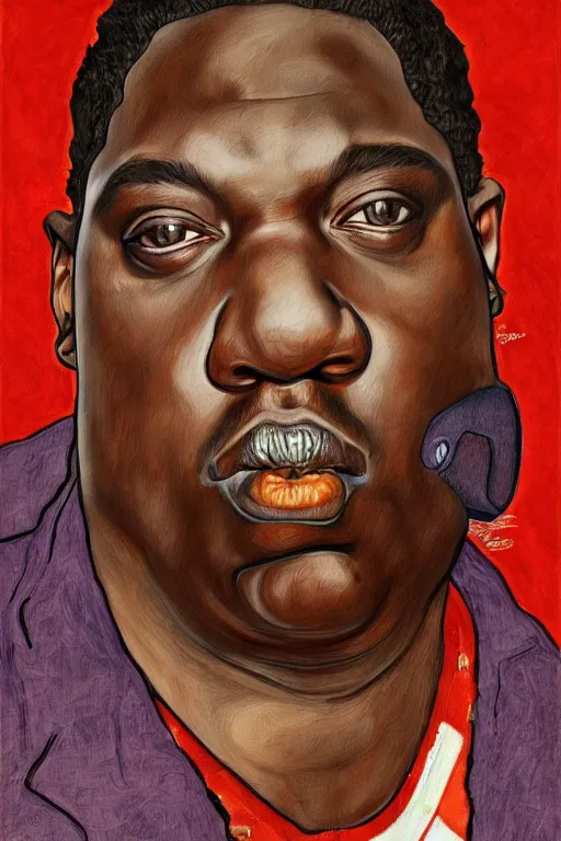 Image similar to a realistic portrait of biggie small in style of egon schiele, masterpiece, hyperdetailed, complex, intricate, 4 k, trending on artstation