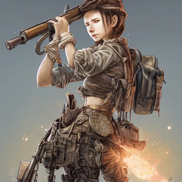 Image similar to the portrait of lawful neutral semi - colorful female infantry sniper as absurdly beautiful, gorgeous, elegant, young woman looking up, an ultrafine hyperdetailed illustration by kim jung gi, irakli nadar, intricate linework, bright colors, octopath traveler, final fantasy, unreal engine 5 highly rendered, global illumination, radiant light, detailed and intricate environment