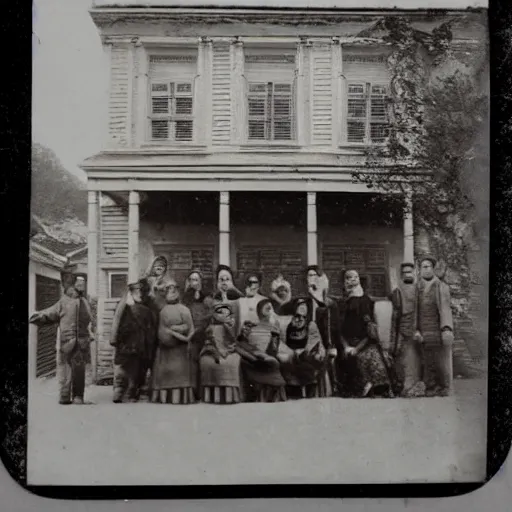 Prompt: a tintype photograph. photo of a group of ghostly people in front of the house of the town hall of the village and a face visible the window of the house