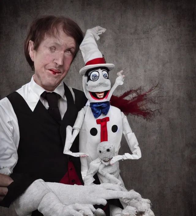 Image similar to hyper realistic photography of lunatic ventriloquist with haunted puppet