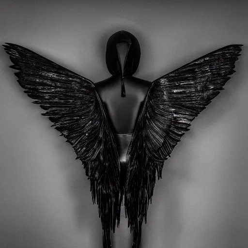 Prompt: “a dark desaturated asymmetrical photograph of a winged irregular asymmetrical sculpture made of glossy black liquid latex, asphalt and metal, the shape of the wings resembles an intricate black metal logo, designed by helmut lang and junya watanabe, asymmetrical cinematic composition, 8k hyperrealistic, hyper-detailed, 10mm camera, highly textured, dark volumetric lighting, fine details, muted, octane render” — h 768 - n 6