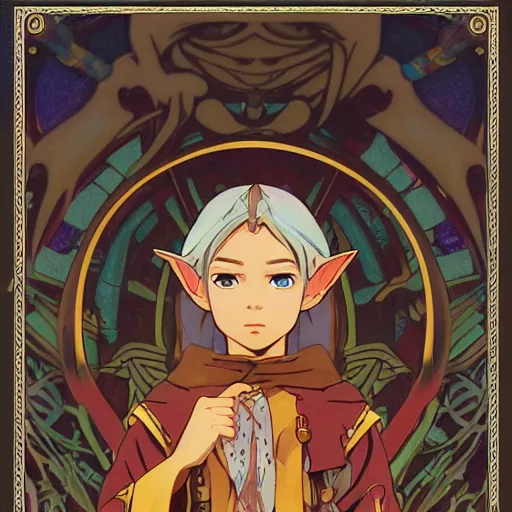 Prompt: elf wizard, dungeons and dragons, male, ornate robes, holding a wand, realistic facial features, highly detailed, illustration, Makoto Shinkai and Studio Ghibli animated film still, by Ilya Kuvshinov and Alphonse Mucha
