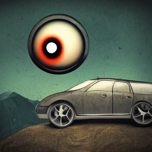 Prompt: car with large crazy human eye floating above sad cow looking over a mountain cliff, realistic, creepy n - 4