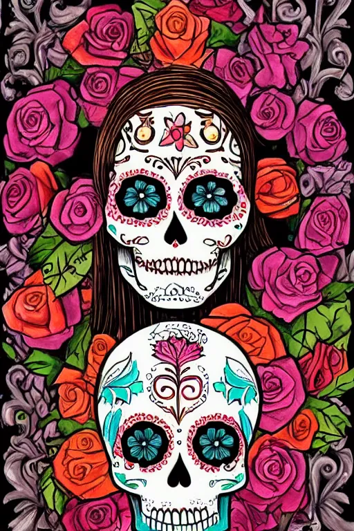 Image similar to Illustration of a sugar skull day of the dead girl, art by gustave baumann