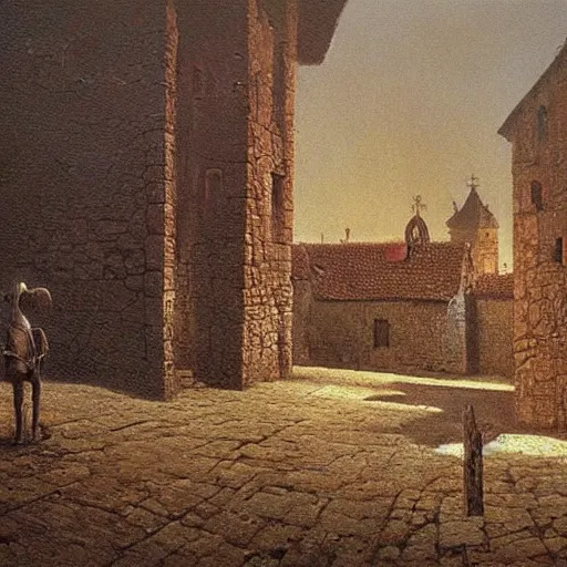 Prompt: an very high detaild oil painting of an old european medieval village painted by beksinski, eerie, midnight